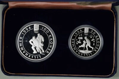 Lillehammer 1994 Winter Olympics Proof Silver 2Coin Set Hockey/Grandfather Child - Image 1 of 4