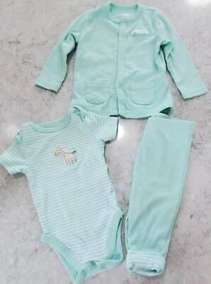 Small Wonders Infant Baby Boy Girl 3-6 Mo 3PC Bodysuit Pants Jacket Mint Green - Image 1 of 4