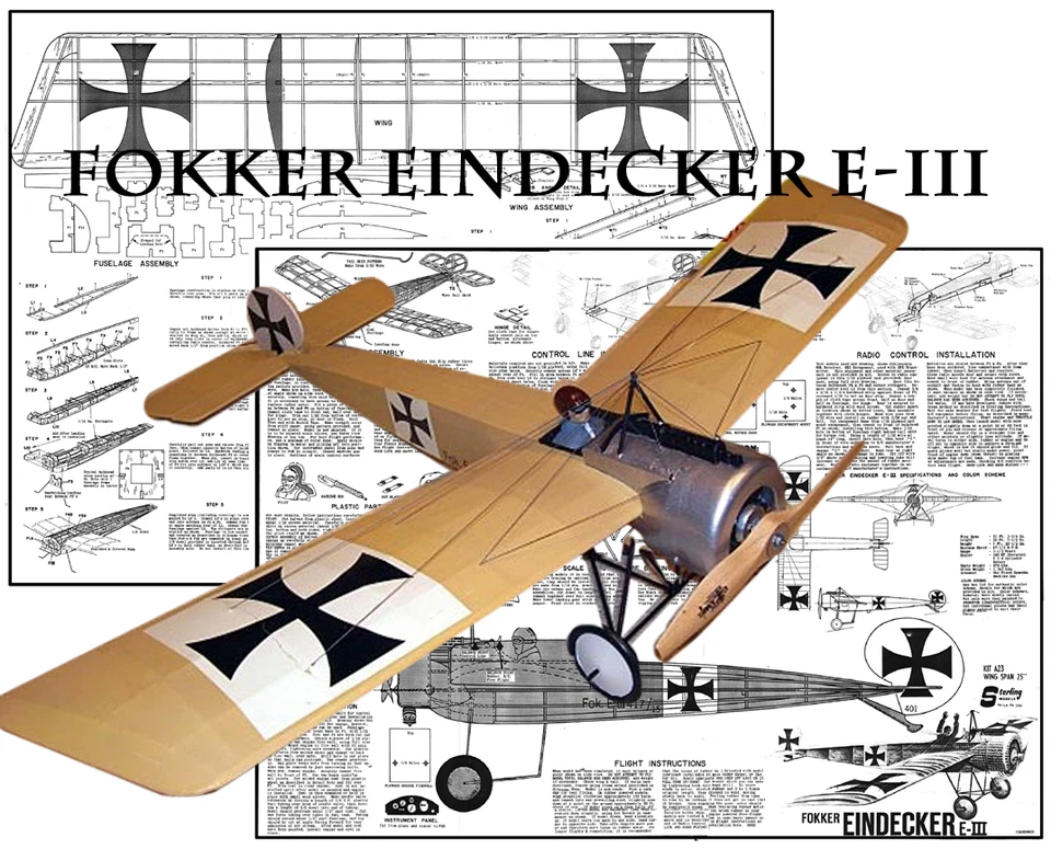 Fokker Eindecker E-III .020 20" WS RC Airplane Plans & Templates Printed - Image 1 of 1