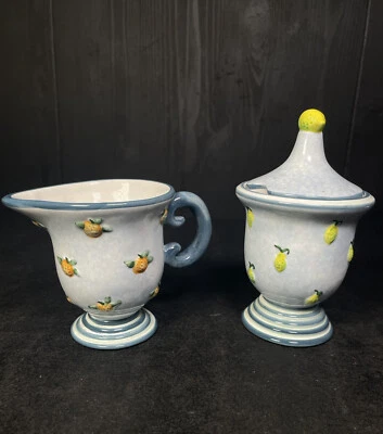 Sakura Ceramic Small Pedestal Sugar Bowl & Creamer 3D Lemon & Orange Baby Blue - Image 1 of 4