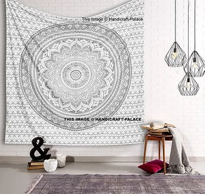 Silver Ombre Mandala Tapestry Wall Hanging Hippie Throw Indian Cotton Bedspread - Imagen 1 de 2
