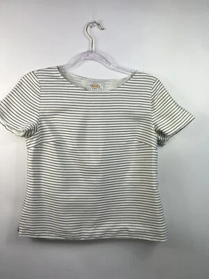 Talbots Petites Pure Silk Blouse Women's Sz 4 Beige/Gray Stripe Scoop Neck - Image 1 of 4