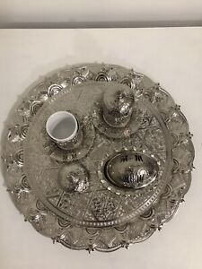 Turkish Coffee Serving Set For 2 - Silver Coloured Metal- Ottoman Coffee Set