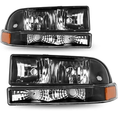 For 1998-2005 Chevy s10 Blazer Black/Amber Headlights Assembly Bumper Headlamps - Image 1 of 4