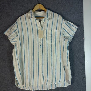 Nude Lucy Shirt Womens Medium Green Striped Linen Short Sleeve Button Up NWT - Picture 1 of 12