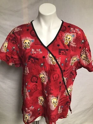 Baby Looney Tunes Baby Tweety Bird Nurse Scrub Top Mock Wrap Red Yellow XL  - Image 1 of 4