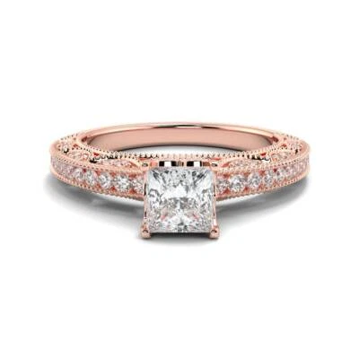 14k Rose Gold Princess Cut Lab Grown Cvd Diamond Hidden Halo Engagement Ring - Image 1 of 4