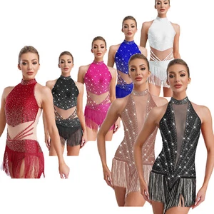Women Glitter Fringe Bodysuit Rumba Samba Salsa Latin Jazz Dance Party Leotard - Picture 1 of 120