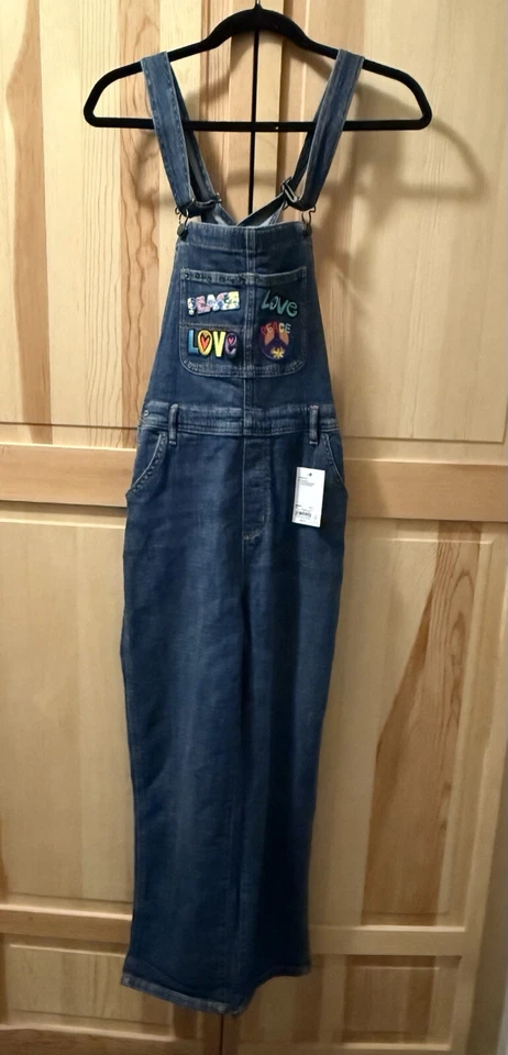 Denim Bib Overalls Coveralls Farmer Jeans LOVE Embellishments 26” inseam Sm - Image 1 of 4