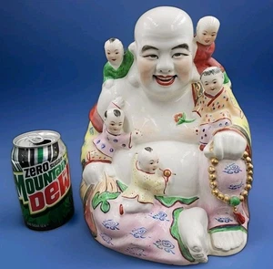 Figura grande de porcelana rosa BUDDHA Famille de colección de 10,5" riendo con 5 niños - Imagen 1 de 11