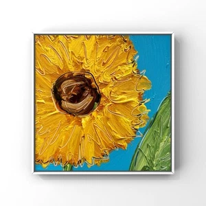 Ukrainian Sunflowers Oil Painting Blue Yellow Abstract Sunflower Art Gift 4x4in - Picture 1 of 9