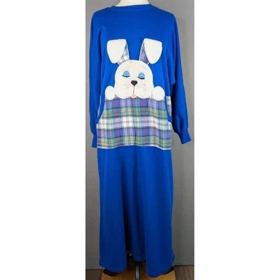 Vestido de casa de colección Adonna Leisure Wear para mujer azul a cuadros conejo conejito talla pequeña EE. UU. Foto 1 de 4