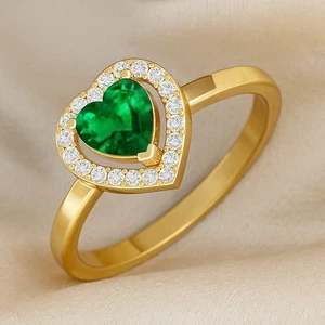 Romantic Heart Lab Grown Emerald & Diamond Ring – 14K Gold May Birthstone - Picture 1 of 19