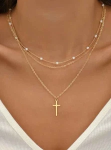 Collier Fantaisie multi-rangs, chaînes en acier doré, perles,  pendentif croix - Imagen 1 de 4