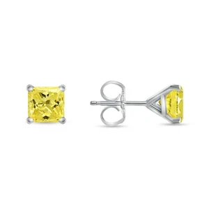 1.5 Ct Princess Created Diamond Canary Earrings Real 14K White Gold Martini Push - Picture 1 of 3