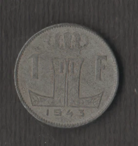 1943 Belgium Belgian One 1 Franc WWII Occupation Lion Coin - Picture 1 of 2