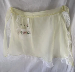 Vintage Sheer Half Apron Light Yellow Lace Trim Pocket - Picture 1 of 4