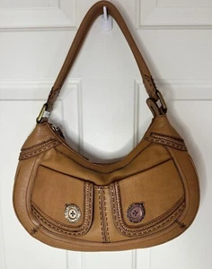 Brighton Tan Leather Shoulder Bag Pebble Leather Hobo Western Purse Buttons - Picture 1 of 9