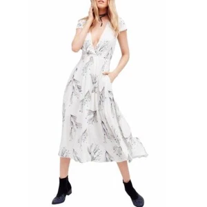 Free People Womens Size 2 Floral Printed Retro Midi V-Neck Dress with Pockets - Picture 1 of 12