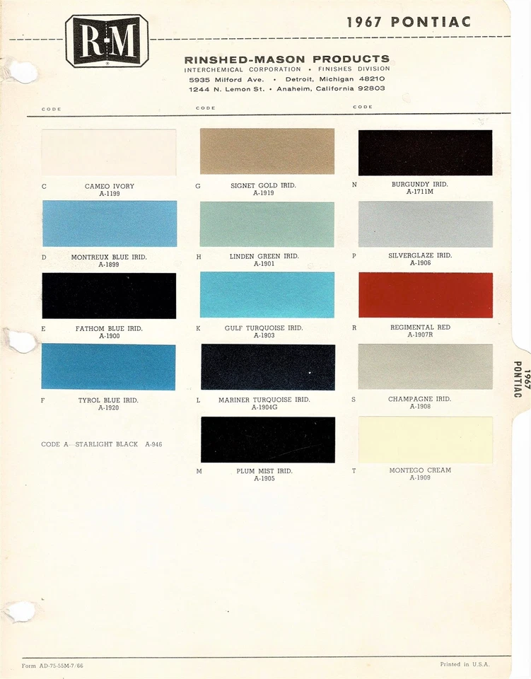 1967 PONTIAC GTO BONNEVILLE CATALINA GRAND PRIX LEMANS PAINT CHIPS SHEET (R-M) - Image 1 of 1