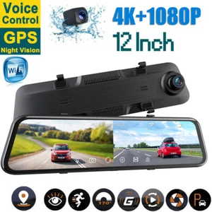 TOGUARD 4K Mirror Dash Cam WiFi GPS 12" TouchScreen Front Rear Car Backup Camera - Picture 1 of 8