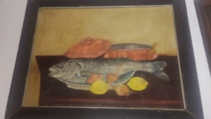 Very old oil painting, { FISH & Lemons , signed "GEE" }very OLD MID 18th cent☆ - Picture 1 of 4