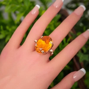 Huge Estate 1" Simulated Citrine Orange Glass Ring Art Deco 10K Rose Gold - Picture 1 of 13