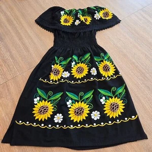 Embroidered Sunflower Dress Strapless Black Elastic Waist Cotton Girls - Picture 1 of 7