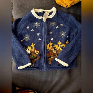 Vintage Kids Christmas Sweater cardigan M 5 reindeer bells Santa  - Picture 1 of 5