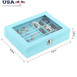 Velvet Jewelry Box W/ Glass Lid Lockable Storage 9 Compartments Portable Case US - Picture 1 of 5