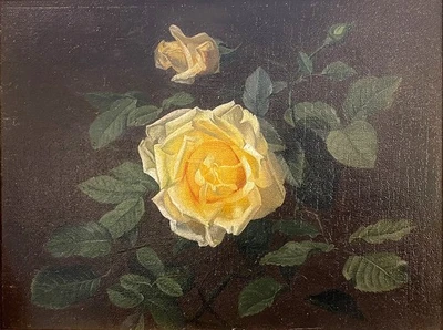 Dänischer Blumenmaler des 19. Jh. Gelbe Rosen Original Öl Leinwand 22,5x30 - Bild 1 von 4