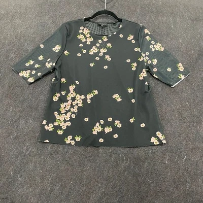 TED BAKER Short Sleeve Mesh Crewneck Floral Top Women's Size L Black - Image 1 of 4