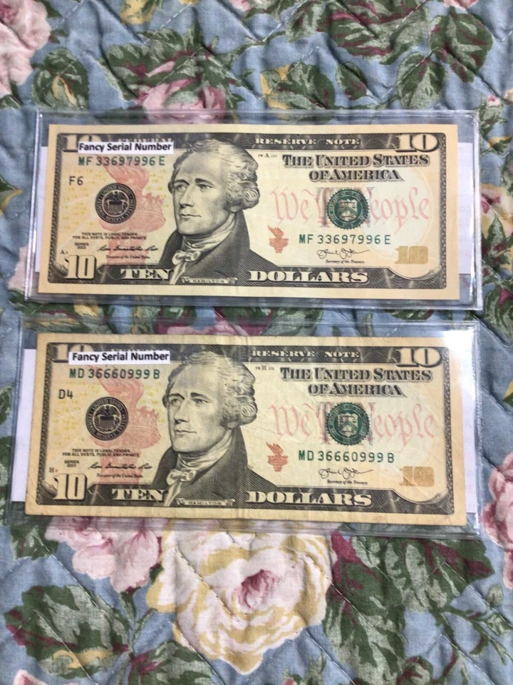 Two 2013 10 $Dollar Bill Fancy Serial Number, see pics, circulated.  - Image 1 of 2