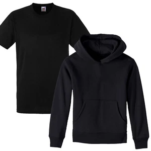 Kids Plain Black Hoody and T shirt Boys Girls School Wear PE kit Hoodie Tee Top - Picture 1 of 6