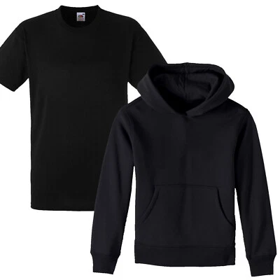 GILDAN /AWD /FOTL Kids Plain Black Hoody and T shirt Boys Girls School Wear PE kit Hoodie Tee Top