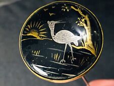 Antique Hand Painted Hat Pin Heron Bird Sun Tree Gold Silver on Black 1.5"x8.5"