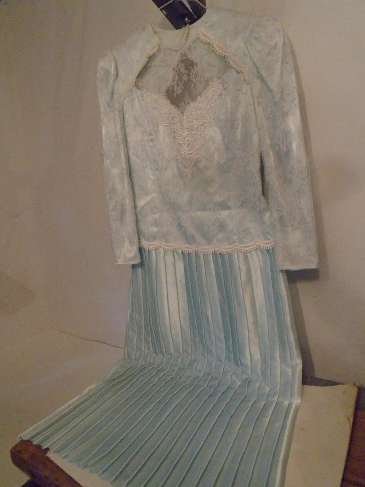 Vestido Scott McClintock Vintage Años 80 Encaje Azul Bebé Espalda Abierta Plisado Talla 12 Foto 1 de 4