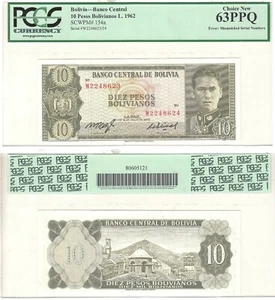 1962 Bolivia 10 Pesos Error Mismatched Serial Numbers PCGS 63 PPQ Pick #154a - Picture 1 of 1