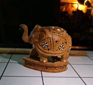Inlay Elephant Hand Carved Fine Wooden Statue Home Décor Showpiece. Trunk Up !!! - Picture 1 of 6