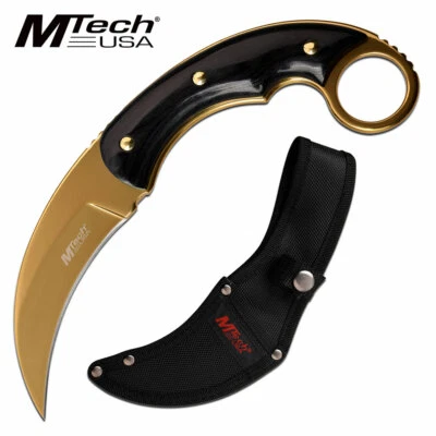 M-TECH 8.5" GOLD TINITE KARAMBIT BLACK PAKKAWOOD HANDLE W/ SHEATH MT-20-84GD - Image 1 of 3