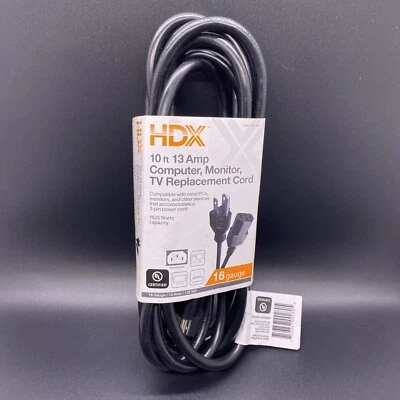 New! HDX Replacement Cord For Computer Monitor TV Black 16/3" x 10' 1006 750 405 - Image 1 of 2