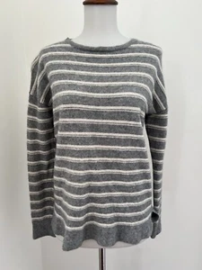 Adrienne Vittadini 100% 2-ply Cashmere Sz M Gray Cream Striped Pullover Sweater - Picture 1 of 6