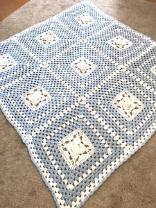Crocheted Afghan 9 Large Granny Squares Sky Blue and White 3D Rosettes 56 x 56 - Picture 1 of 8