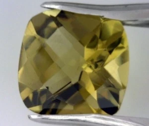 OLIVE QUARTZ RARE 14 MM CUSHION CUT CHECKERBOARD TOP OUTSTANDING COLOR - Picture 1 of 1