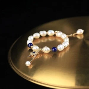 Adjustable natural freshwater pearl apatite beaded zircon star bracelet - Picture 1 of 10