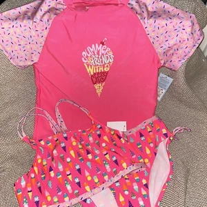 Cat & Jack Swimsuit Bikini Bathing Suit & Shirt 3 piece Girls Size XXL 18 Pink - Picture 1 of 9