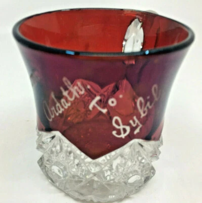 Ruby Red Flash Glass Souvenir Punch Cup Mug From Ardath to Sybil Antique EAPG 3" - Image 1 of 4