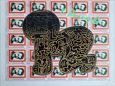 KEITH HARING * ORIGINAL VOM KÜNSTLER SIGNIERT AUF BRIEFMARKENBOGEN - SERIGRAPHIE - Bild 1 von 4