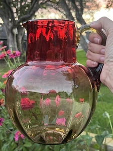 Vintage MCM Glas Optik Krug Amberina gerippter Griff 9,5" Höhe - Bild 1 von 9