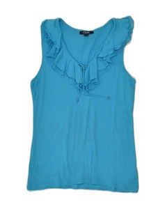 CHAPS Womens Sleeveless Ruffle Front Blouse Top UK 10 Small Blue Cotton AQ52 - Picture 1 of 3